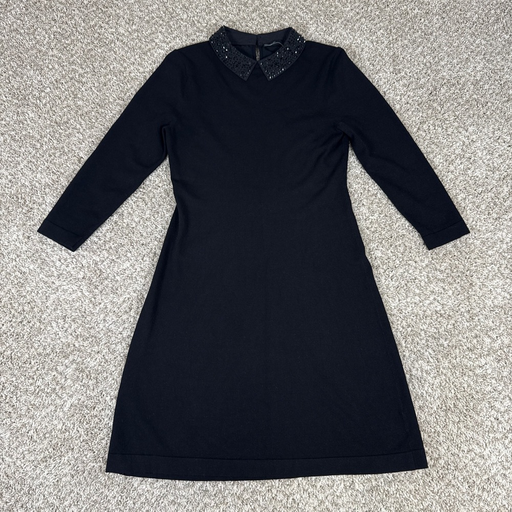 Karen Millen Dress Womens Medium Black Solid Beaded Collar Long‎ Sleeve Mod Knit
